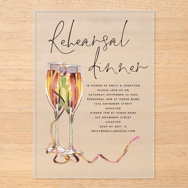 Moderne Champagner-Skript Hochzeitsprobe-Dinner Acryleinladungen (Vorderseite)
