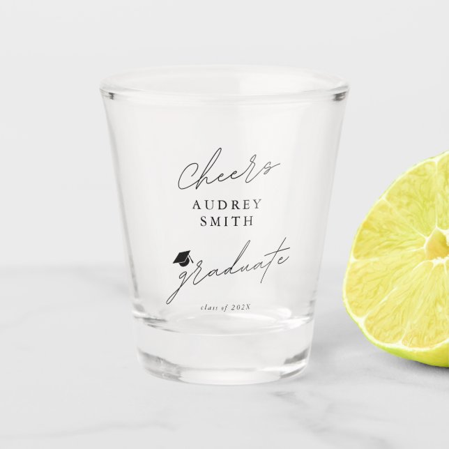 Moderne Cheers Abschluss Skript Abschlussmütze Schnapsglas (Vorderseite)