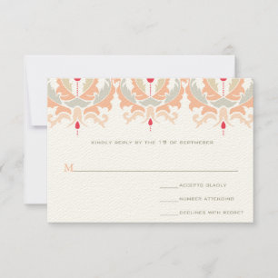 Moderne Cherry Peach Mushroom Damask Hochzeitsstim RSVP Karte
