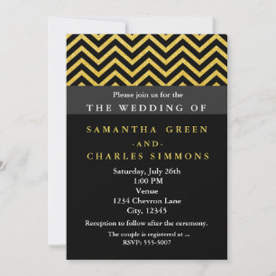 Moderne Chevron-Schwarze- und Goldene Hochzeitsein Einladung