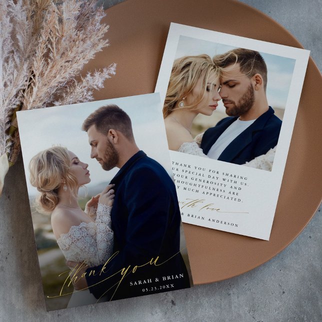 Moderne Chic 2 Photo Gold Carte de remerciements (Front & Back)
