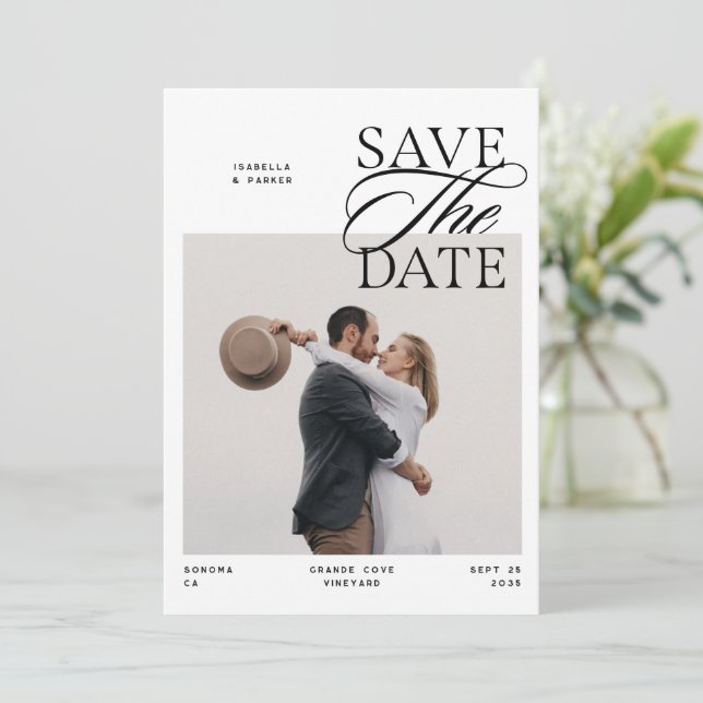 Moderne Chic Editorials Schrift Foto Doppelseitig Save The Date (Stehend Vorderseite)