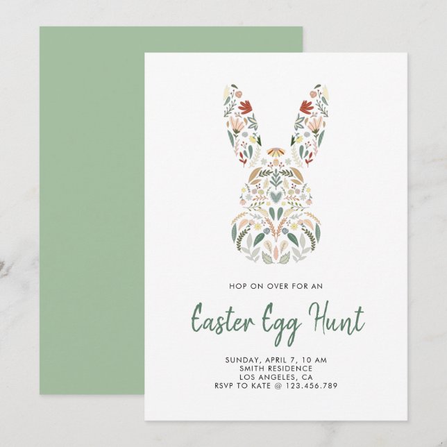 Moderne Chic Floral Bunny Ostereier Jagd Einladung (Vorne/Hinten)
