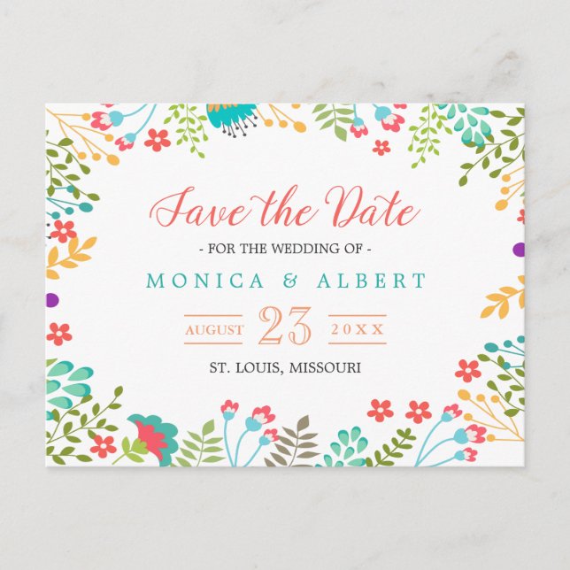 Moderne Chic-Floral Save the Date Ankündigungspostkarte (Vorderseite)