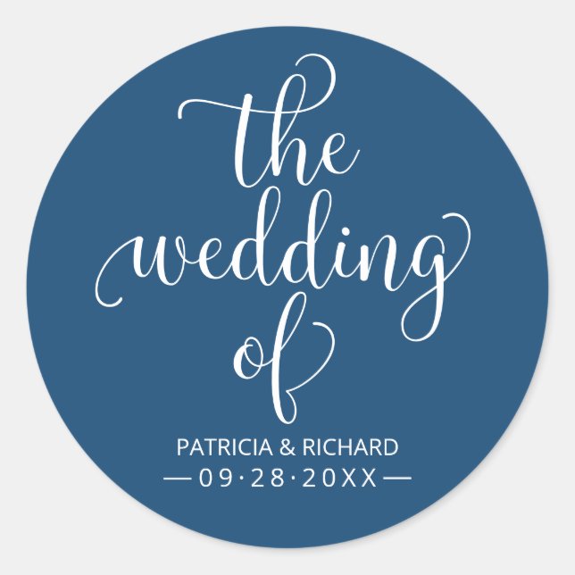 Moderne Chic-Kalligrafie - Hochzeit von Blau Runder Aufkleber (Vorderseite)