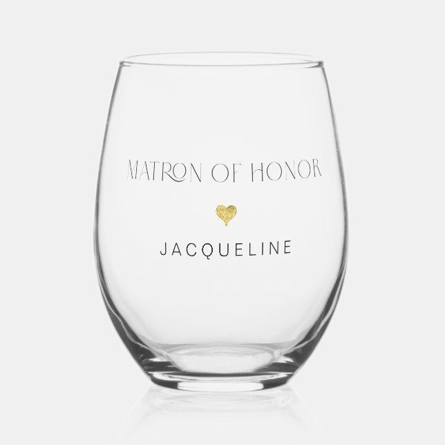 Moderne Chic Matron of Ehrencript Gold Herzname Weinglas Ohne Stiel (Vorderseite)