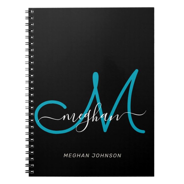 Moderne Chic Noir Turquoise Script Carnet Monogram (Devant)