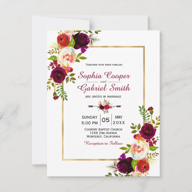 Moderne Chich Burgundy Floral Gold Rahmen Wedding Einladung (Vorderseite)