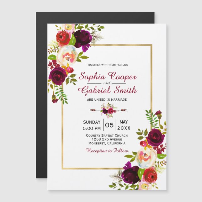 Moderne Chich Burgundy Floral Gold Rahmen Wedding Magneteinladung (Vorne/Hinten)