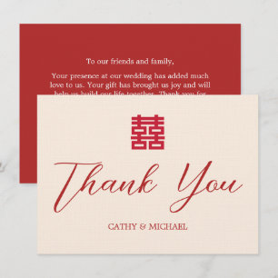 Moderne chinesische Hochzeit in Rot-Beige Dankeskarte