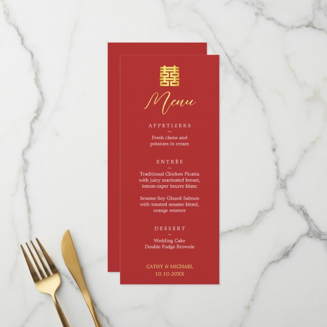 Moderne chinesische Hochzeit mit einfachem rotem G Menükarte (Vorderseite/Rückseite Beispiel)