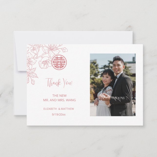 Moderne chinesische Hochzeit mit floralem Foto Dankeskarte (Vorderseite)