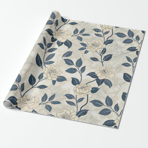 Moderne Chinoiserie Elfenbein-Rose Navy Botanisch Geschenkpapier