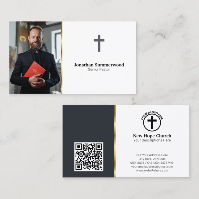 Moderne Christliche Pastete mit Foto & QR Code Visitenkarte (Vorne/Hinten)