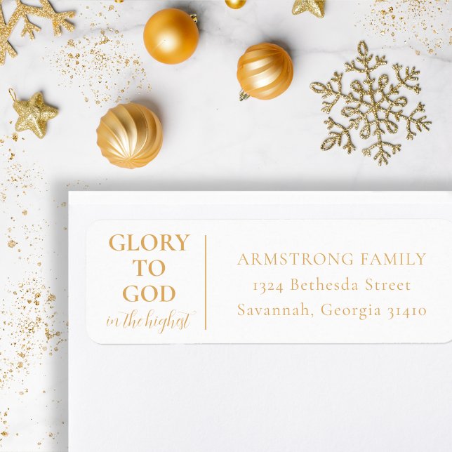 Moderne Christliche Rücksendeadresse (Simple, modern, religious Christmas return address label in gold and white for Christians)