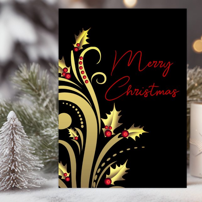 Moderne Christliche Weihnachten (Elegant red black gold holly Christian Christmas card with message you can change.)
