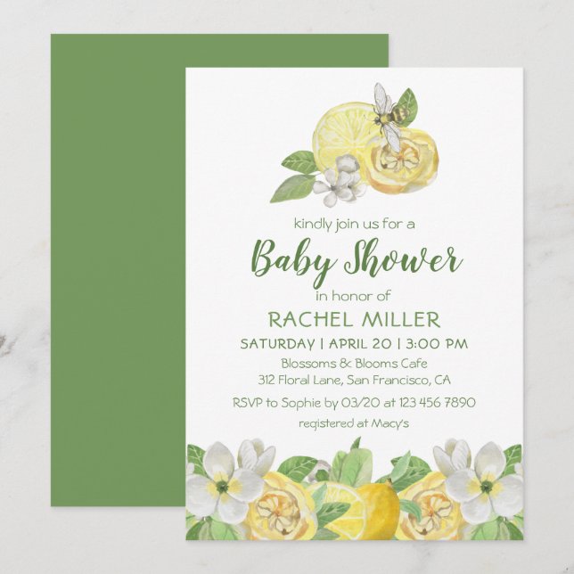 Moderne Citrus Floral Lemon Wasserfarbe Babydusche Einladung (Vorne/Hinten)
