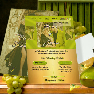 Moderne Citrus Grün Gold Überlagerung Foto Hochzei Einladung