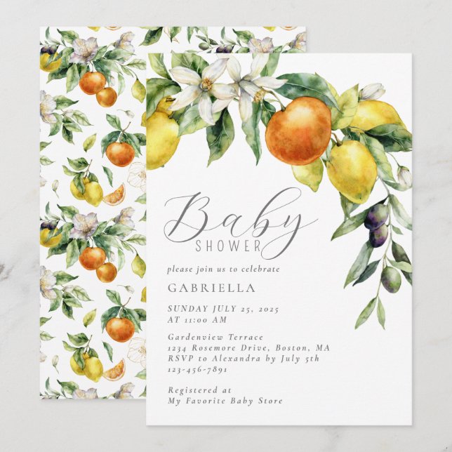 Moderne Citrus Lemon Orange Baby Dusche Einladung (Vorne/Hinten)