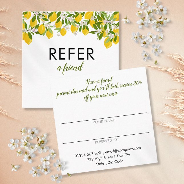 Moderne Citrus Lemons Grüne Empfehlungskarte (Simple Modern Citrus Lemons Greenery Referral Card)