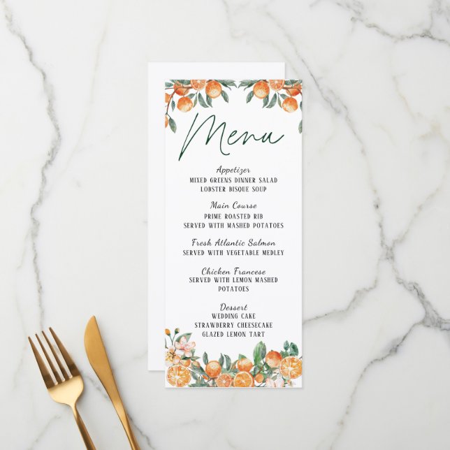 Moderne Citrus-Themed Wedding Menu Card Menükarte (Vorderseite/Rückseite Beispiel)