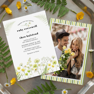 Moderne Citrus-Wildblumen-Streifen-Foto-Hochzeit Einladung