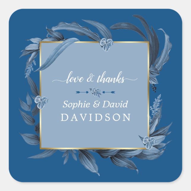 Moderne Classic Blue Blätter Geometric Gold Weddin Quadratischer Aufkleber (Vorderseite)