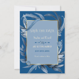 Moderne Classic Blue Blätter Gold Save the Date Einladung
