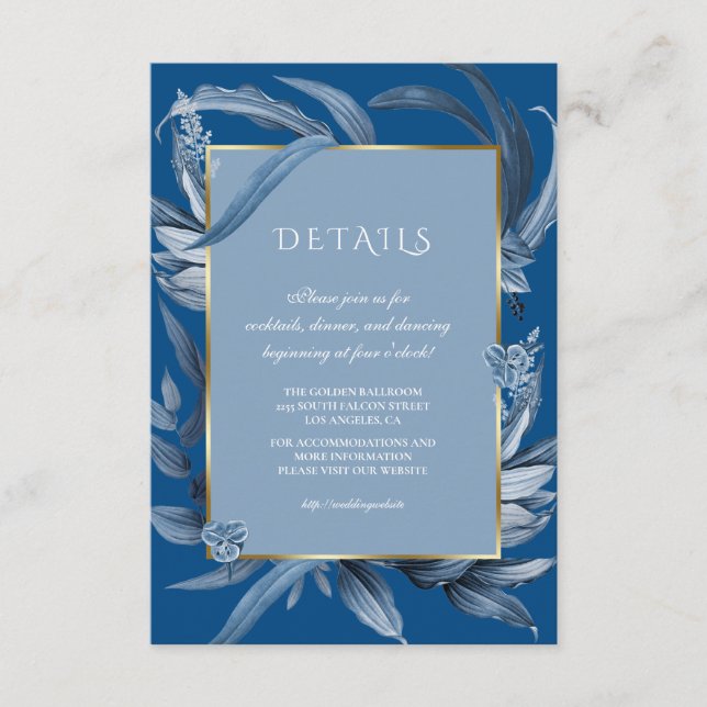 Moderne Classic Blue Blätter Gold Wedding Receptio Begleitkarte (Vorderseite)