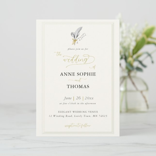 Moderne Classic Ecru Frame Lily of Valley Wedding Einladung (Stehend Vorderseite)