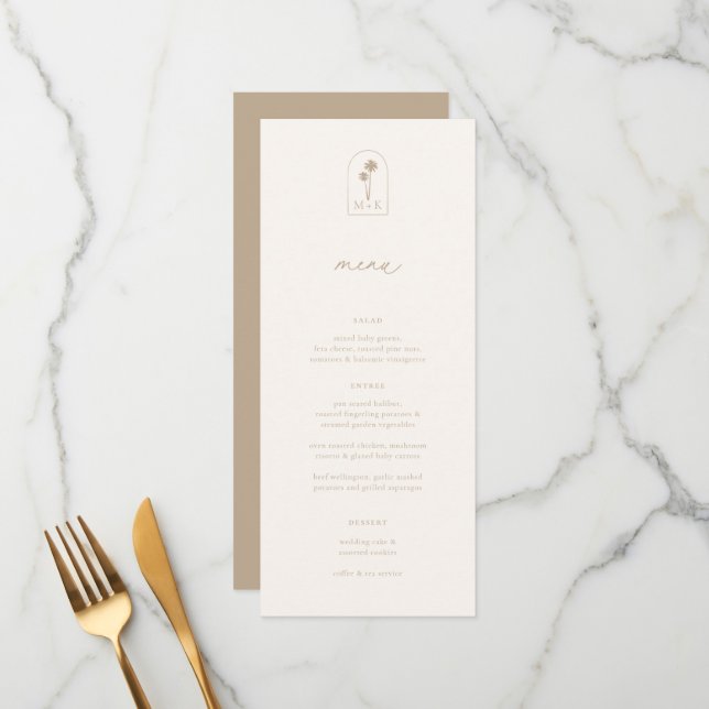 Moderne Coastal Chic Beige Hochzeit Menükarte (Vorderseite/Rückseite Beispiel)