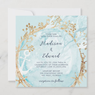 Moderne Coastal Nautical Aquamarin Green Gold Hoch Einladung