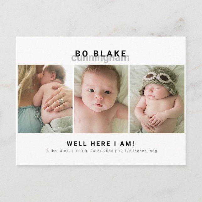 Moderne Collage Foto Neutral Baby Birth Postkarte (Vorderseite)