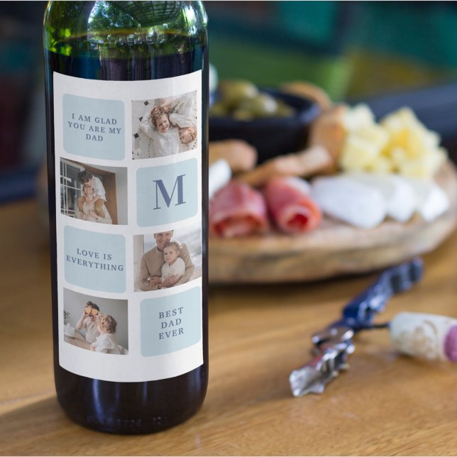 Moderne Collage Fotos Blue Best Fathers Geschenk Weinetikett (Von Creator hochgeladen)