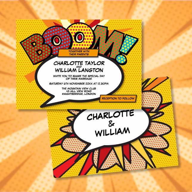 Moderne Comic-Hochzeit für Typografen Einladung (Modern Typographic Designer Fun Comic Wedding Invitation)