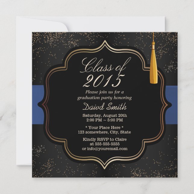 Moderne Confetti Blue Ribbon Dark Graduation Party Einladung (Vorderseite)