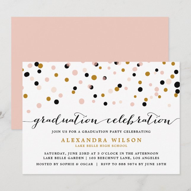 Moderne Confetti Dots | Abschluss aus Rost und Gol Einladung (Vorne/Hinten)