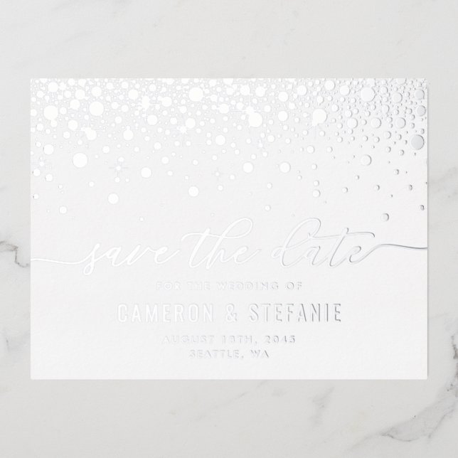 Moderne Confetti Dots Silver Foil Save the Date Folie Einladungspostkarte (Vorderseite)
