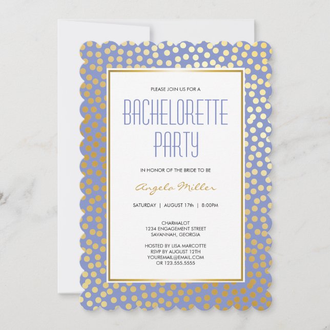 Moderne Confetti Polka Dots Lavender und Gold Einladung (Vorderseite)