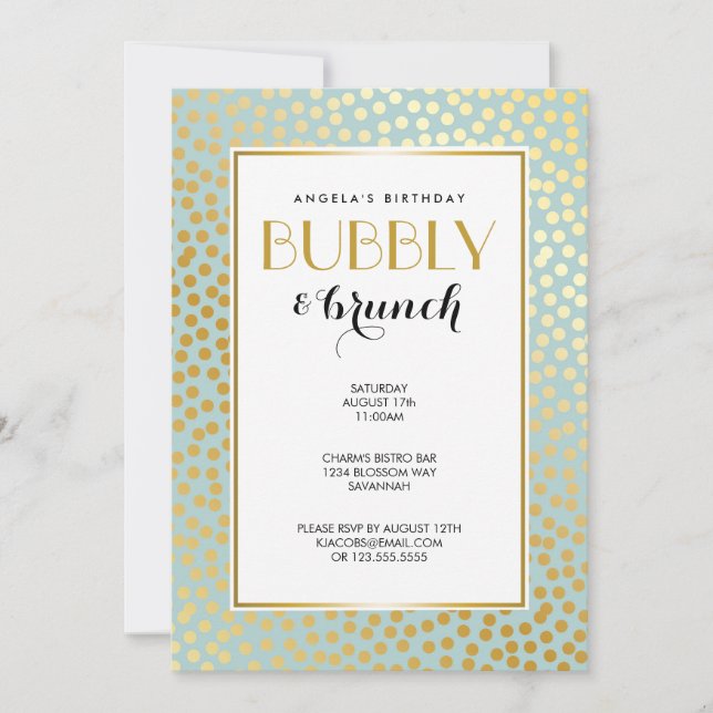Moderne Confetti Polka Dots Muster Minze und Gold Einladung (Vorderseite)
