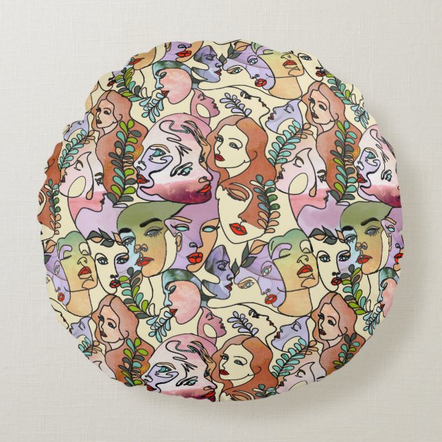 Moderne Contour-Linie Doodle zeichnend Kunst Rundes Kissen (Vorderseite)