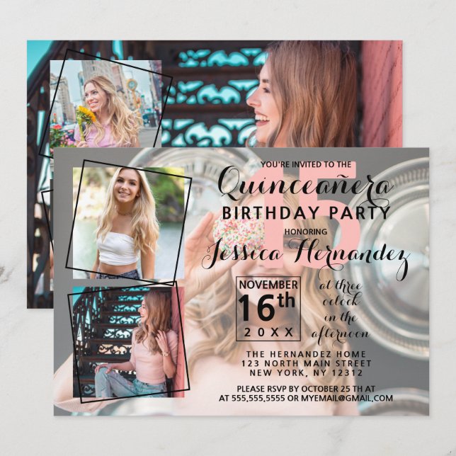 Moderne Coole Fotomaterial Sweet Quinceañera Einladung (Vorne/Hinten)