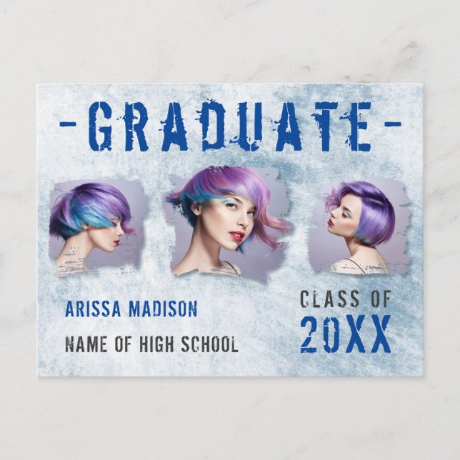 Moderne Coole Grunge 3 Foto Blue Grad Ankündigung Postkarte (Vorderseite)