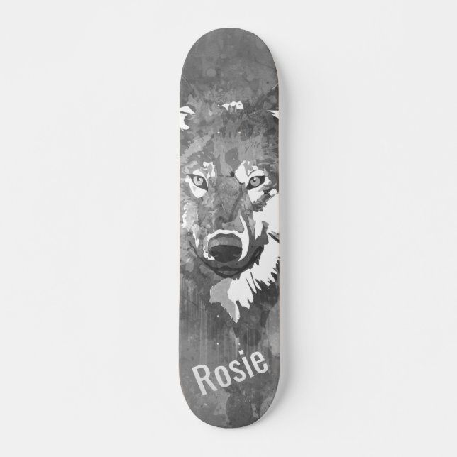 Moderne coole Schwarz-weiße Wolfskateboard Skateboard (Vorne)