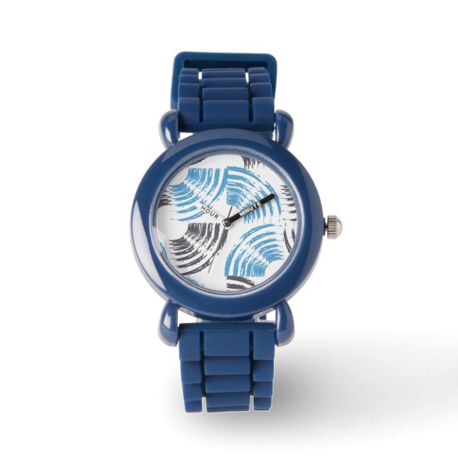 Moderne, coole, trendige, blaue abstrakte Pinselst Armbanduhr (Vorderseite)
