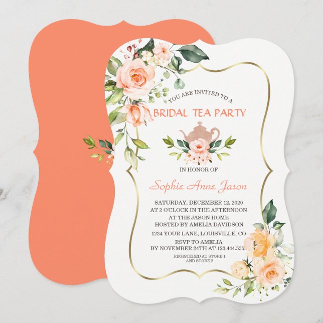 Moderne Coral Blume Brautparty Tee Party Einladung (Vorne/Hinten)