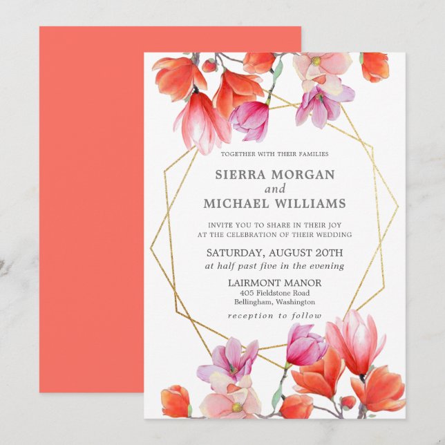 Moderne Coral Floral Gold Geometric Wedding Einladung (Vorne/Hinten)