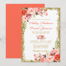 Moderne Coral Floral Gold Glitzer Hochzeit