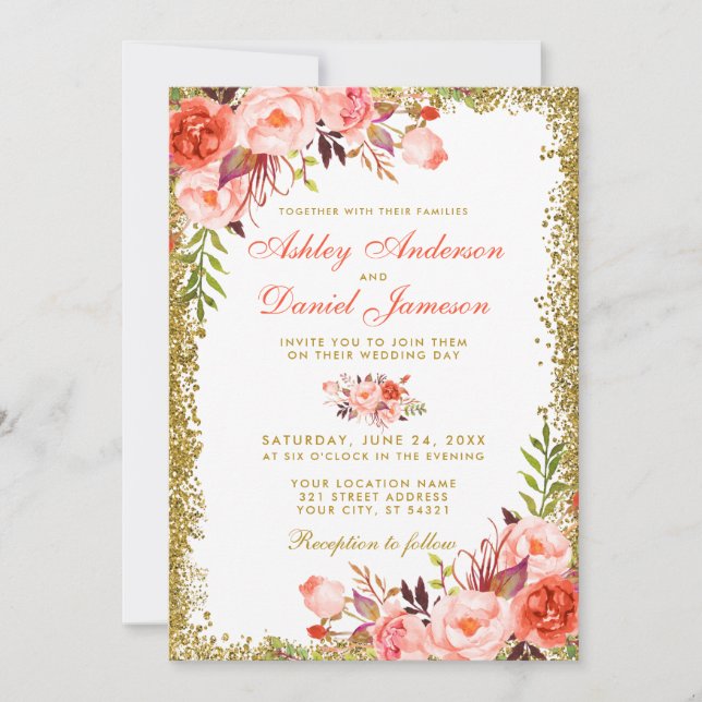 Moderne Coral Floral Gold Glitzer Wedding W Einladung (Vorderseite)