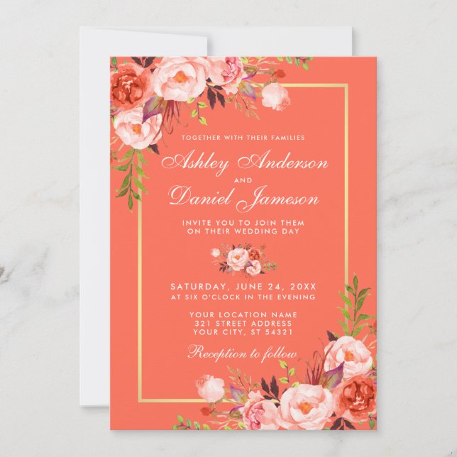Moderne Coral Floral Gold Rahmen Hochzeit Einladung (Vorderseite)